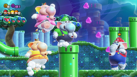 Super Mario Bros. Wonder, which launches on Oct. 20 for the Nintendo Switch family of systems, features the debut of new power-ups such as the Elephant Fruit, which allows Mario and some of his friends to transform into Elephant form. Throw around your weight – and your nose – as you swing your trunk to attack enemies, destroy blocks and dash across large gaps. (Graphic: Business Wire)