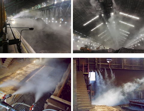 IKEUCHI offers dust suppression and dust control solutions using spray nozzles for preventing air pollution at coal storages, steel mills, and other industrial facilities. (Graphic: Business Wire)