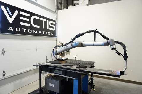 The long-reach UR20 cobot arm from Universal Robots (UR) makes its U.S. debut at FABTECH in bending and welding applications as showcased here powering UR partner Vectis Automation's Cobot Welding Tool. (Photo: Business Wire)