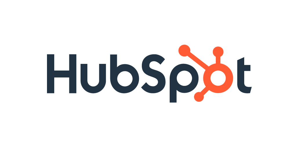 A blue and orange logo with the word "HubSpot" written in white text on a white background