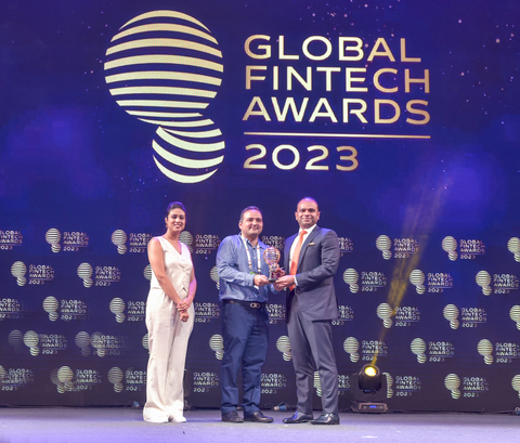 Mr. Adeeb Ahamed, MD, LuLu Financial Holdings being awarded with the "Leading Personality of the year GCC" by Mr. Abhishek Arun, President - Platform Strategy & Commercialization, M2P Fintech and Latika Kolnati, Associate Vice President, GFF during the Global Fintech Fest 2023 at Mumbai. (Photo: AETOSWire)