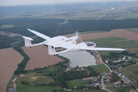 H2FLY’s HY4 electric demonstrator aircraft flying above Maribor, Slovenia, powered by liquid hydrogen. Courtesy of H2FLY