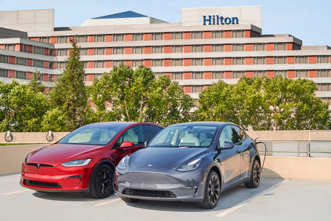 Through an expanded agreement with Tesla, Hilton announced that, beginning in early 2024, up to 20,000 Tesla Universal Wall Connectors are slated to be installed at 2,000 hotels in the U.S., Canada and Mexico, making Hilton’s planned EV charging network the largest of any hospitality company. (Photo: Hilton)
