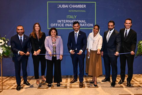 original Ribbon-cutting ceremony at the opening of the new Dubai International Chamber representative office in Italy yesterday. From left to right: Naser Al Khaja, Charge d’affaires at the UAE Embassy in Italy; Letizia Pizzi, Director General of Confindustria Assafrica & Mediterraneo; Veronica Squinzi, Vice President for Internationalization and European affairs, Assolombarda; Salem Al Shamsi, Vice President of Global Markets, Dubai Chambers; Noora AlSuwaidi, Regional Director for Europe and the Americas, Dubai Chambers; Mohammad Al Kassim, Director of Investment Attractions, Dubai Chambers; and Stefano Antonelli, Chief Representative for Italy, Dubai International Chamber. (Photo: AETOSWire)