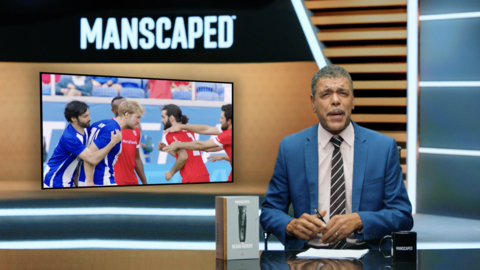 Chris Kamara in his element behind the news desk, made over by MANSCAPED. (Photo: Business Wire)