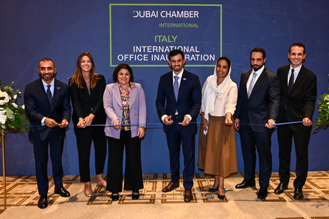 Ribbon-cutting ceremony at the opening of the new Dubai International Chamber representative office in Italy yesterday. From left to right: Naser Al Khaja, Charge d’affaires at the UAE Embassy in Italy; Letizia Pizzi, Director General of Confindustria Assafrica & Mediterraneo; Veronica Squinzi, Vice President for Internationalization and European affairs, Assolombarda; Salem Al Shamsi, Vice President of Global Markets, Dubai Chambers; Noora AlSuwaidi, Regional Director for Europe and the Americas, Dubai Chambers; Mohammad Al Kassim, Director of Investment Attractions, Dubai Chambers; and Stefano Antonelli, Chief Representative for Italy, Dubai International Chamber. (Photo: AETOSWire)