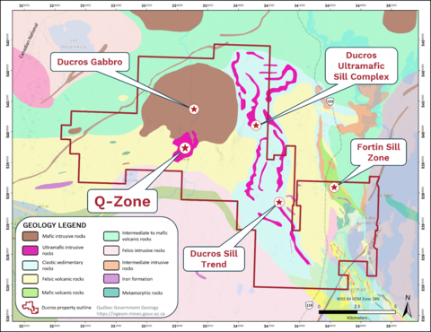 original Figure 1. Geology map of Québec Nickel’s Ducros property (red outline), along with the locations of the current Ni-Cu-Co-PGE target areas. The regional geology is sourced from the Government of Québec’s online SIGÉOM database, edited to include data derived from QNI’s exploration work. (Photo: Business Wire)