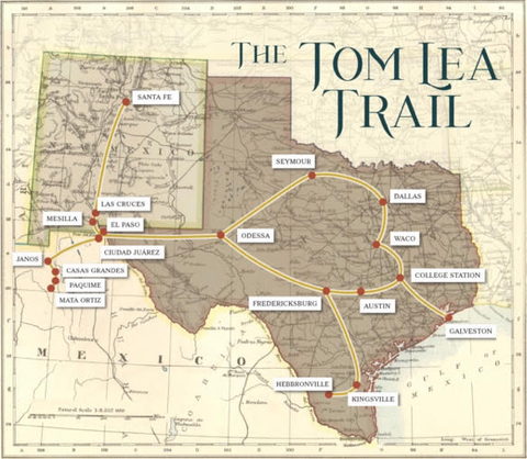 El Tom Lea Trail Mobile Tour, el único que lleva el nombre de un artista, invita a los viajeros a explorar 12 comunidades y 24 sitios de Texas utilizando el arte de Tom Lea como guía.  (Gráfico: Business Wire)