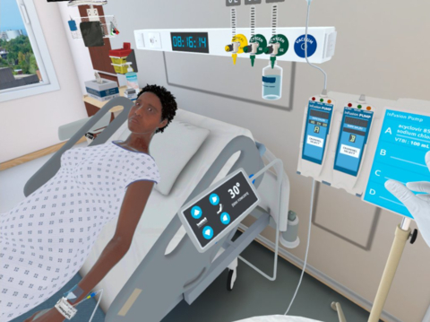 Screenshot from a UbiSim immersive virtual reality (VR) simulation for HIV & Shingles: Learners implement nursing interventions for a patient newly diagnosed with shingles and HIV. The patient is experiencing difficulty with accepting the diagnosis of HIV and learners must provide support and education to the patient. Source: UbiSim, www.ubisimvr.com.