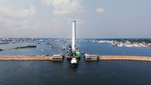 Components of the first GE Haliade-X turbine transported through the hurricane barrier in New Bedford en route to the wind energy area off the coast of Massachusetts. Photo Credit: Worldview Films