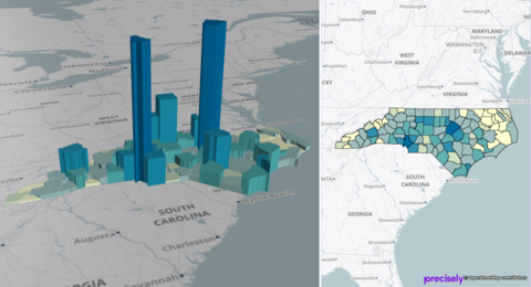 Leistungsstarke Side-by.side View von 2D- und 3D-Visualisierungen in MapInfo Pro v2023. Das Bild zeigt die Bevölkerungsgröße in verschiedenen Bezirken in North Carolina, USA.