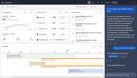 To optimize capacity, a user asks Planview Copilot if any roadmap items can be delayed. Copilot suggests postponing the Loyalty Program, backed by its analysis of dependencies and start dates. It offers to automatically reschedule this item and notify the user's teams, closing the loop. (Photo: Business Wire)