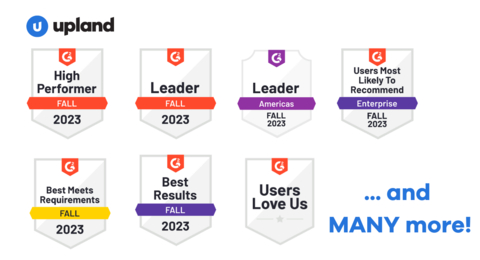 A sampling of the badges earned by RightAnswers, Second Street, PSA, Kapost and ComSci in G2's Fall 2023 market reports. (Graphic: Business Wire)