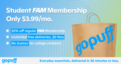original Gopuff launches Student FAM membership for only $3.99 a month. (Photo: Business Wire)