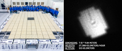 BlueWalker 3 on the ground at our Midland, Texas facility prior to launch, and in space (Photo: Business Wire)