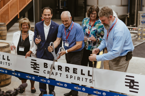 Barrell Craft Spirits® (BCS), the original independent blender of unique aged, cask strength whiskey since 2013, unveiled its new state of the art blending facility in Jeffersontown, Kentucky, during a private ribbon cutting ceremony. Pictured from left to right: Mayor Carol Pike of Jeffersontown (KY), Mayor Craig Greenberg of Louisville (KY) , BCS Founder Joe Beatrice, BCS Chief Administrative Officer Janet Beatrice, and BCS Chief of Distillery Operations/Chief Whiskey Scientist Tripp Stimson. (Photo: Business Wire)