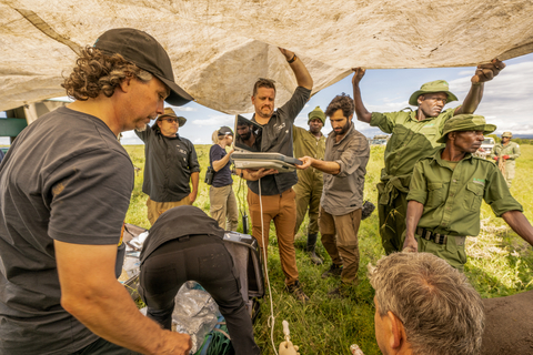An international team of scientists, conservationists and governments from the BioRescue Project work together at Ol Pejeta Conservancy in Kenya as Colossal Biosciences Chief Animal Officer, Matt James (center) and team watches. (Photo by Ami Vitale)
