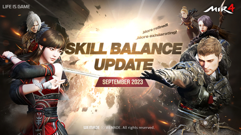 Wemade updates extensive skill balance for MIR4. The update contained adjustments for combat skills of all classes, including added HP recovery effect for the Warrior class, increased invincible time for the Lancer, added vitality recovery for the Sorcerer, increased enemy debilitation RES reduction for the Taoist, added evade cooldown reset with certain chances for the Arbalist, and added vitality recovery for the Darkist in Asura state. (Graphic: Business Wire)