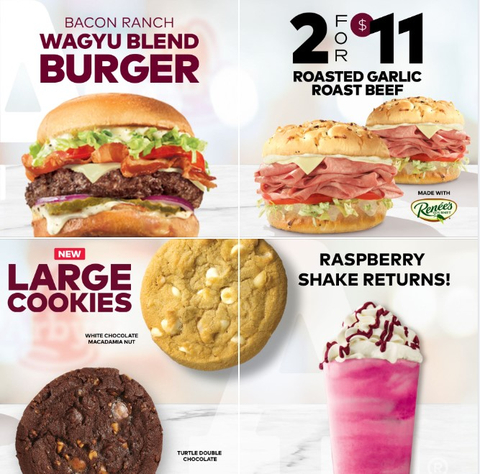 The new Roasted Garlic Roast Beef Sandwich, elevated with Renee's garlic aioli, is a taste sensation that's twice as nice at 2 for $11. Customers can also dive into Arby's new, large cookies by choosing White Chocolate Macadamia Nut or the decadent Turtle Double Chocolate. (Photo: Business Wire)