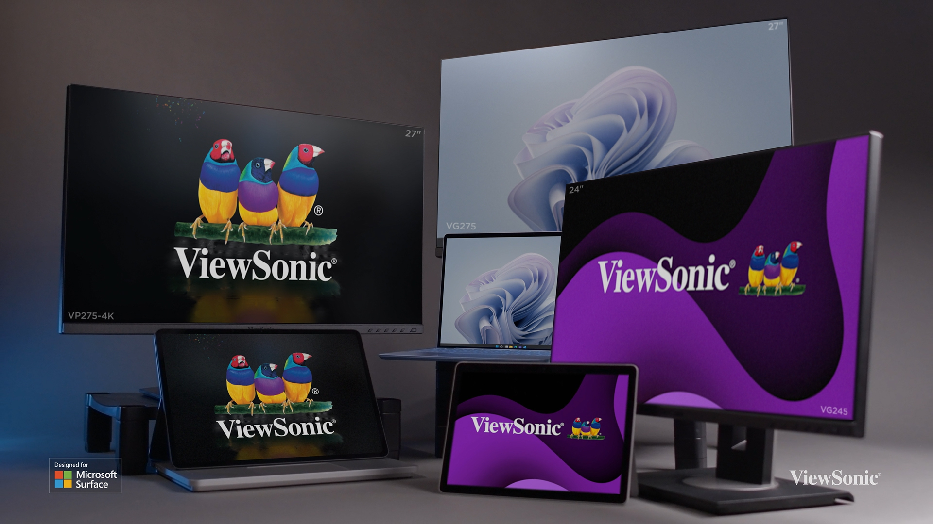 The ViewSonic Designed for Surface Certified VG245, VG275, and VP275-4K monitors; Created to take the workspace to the next level.