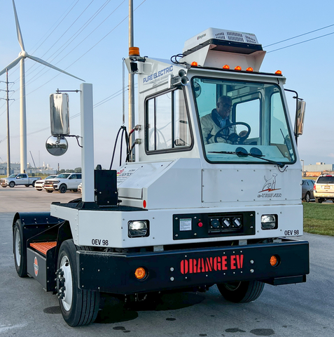 Ohio Logistics CEO Chuck Bills test driving an Orange EV e-TRIEVER heavy-duty yard truck during the joint open house held at One Energy corporate headquarters in Findlay, OH. (Photo: Business Wire)