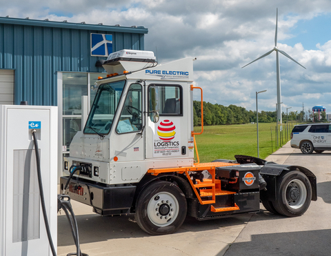 Orange EV e-TRIEVER heavy-duty yard truck charging at One Energy corporate headquarters in Findlay, OH. (Photo: Business Wire)