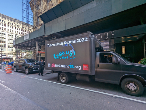 A mobile billboard in Manhattan with advocacy messages about tuberculosis. The AIDS Healthcare Foundation created a video comparing the number of annual TB deaths in 2022 to the population of Manhattan - both are approximately 1.6 million. The video was displayed on a mobile billboard that drove all week in close proximity to the U.N. building to catch the attention of U.N. General Assembly delegates. Photo credit: Denys Nazarov (Photo: Business Wire)