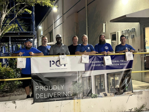 From left to right: Transportation department team members from PGT Innovations, including Scott Kennemar, Mark Schooley, Jean Pierre, Steve McHugh, Scott Hoke, Shannon Monroe, and Ernesto Rodriguez (Photo: PGT Innovations)