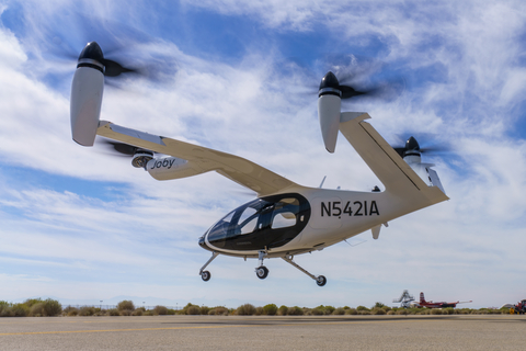 Joby recently delivered its first electric vertical take-off and landing (eVTOL) aircraft to Edwards Air Force Base as part of the company’s contract with the U.S. Air Force, pictured here in flight at Edwards. (Photo Credit: Joby Aviation)