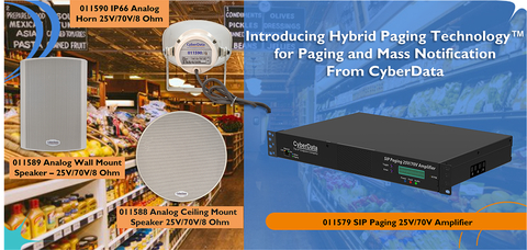 original CyberData's new releases include the 011579 SIP Paging 25V/70V Amplifier and 011588 Analog Ceiling Mount Speaker 25V/70V/8 Ohm, 011589 Analog Wall Mount Speaker 25V/70V/8 Ohm, and 011590 IP66 Analog Horn 25V/70V/8 Ohm (Graphic: Business Wire)
