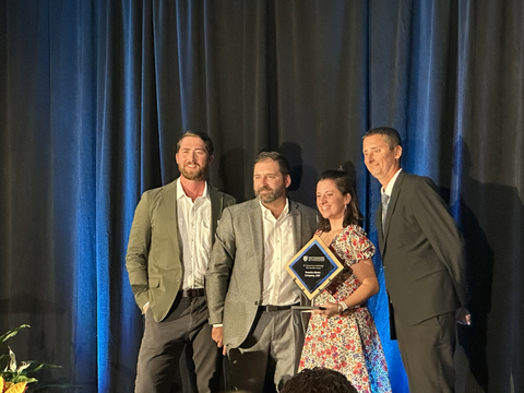 Yamaha Motor Corporation, U.S.A. is the recipient of the Chattahoochee Riverkeeper's River Guardian Award. Pictured left to right: Henry Jacobs, Deputy Director, Chattahoochee Riverkeeper; Jason Broshear, Division Manager, Corporate Planning and Sustainability, Yamaha Motor Corporation, U.S.A.; Julia Balte, Sustainability Coordinator, Yamaha U.S. Marine Business Unit; and Jason Ulseth, Riverkeeper and Executive Director, Chattahoochee Riverkeeper (Photo: Business Wire)