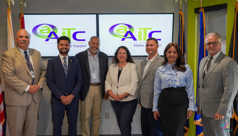 David E Gardner, AITC's CEO & President, Rep. Maxwell Frost, Gabe Ruiz, AITC Founder/Managing Principal, SBA Director Isabella Casillas Guzman, Rep. Darren Soto, Margie Viera, AITC's Senior Business Development Rep. and Humberto Ravelo, AITC's Chief Administrative Officer. (Photo: Business Wire)