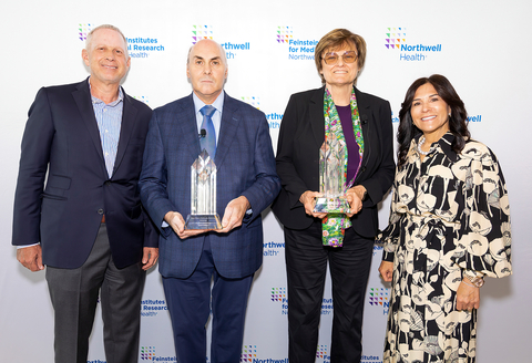 2023 Nobel Prize winners Dr. Drew Weissman (center left) and Dr. Katalin Karikó (center right) pose with Jack and Robin Ross during the 2022 Ross Prize in Molecular Medicine symposium in New York City. (Credit: Feinstein Institutes)