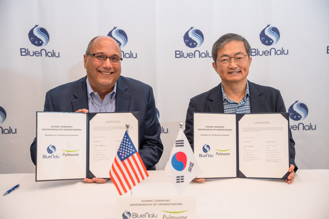 (Left to right) Lou Cooperhouse, President & CEO of BlueNalu, and Sang Yun Lee, Global CTO of Pulmuone celebrate signing of renewed MOU at BlueNalu headquarters. (Photo: Business Wire)