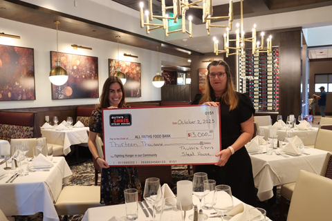 As part of the pre-opening celebration for the newest location in Lakewood Ranch, Ruth’s Chris hosted a special dinner with community leaders, business owners and Ruth’s Chris executives to raise money for All Faiths Food Bank. Pictured are Ruth’s Chris Steak House Lakewood Ranch General Manager Tanya Kutchara and All Faiths Food Bank Manager of Donor Stewardship Victoria Hasselbring. (Photo: Business Wire)