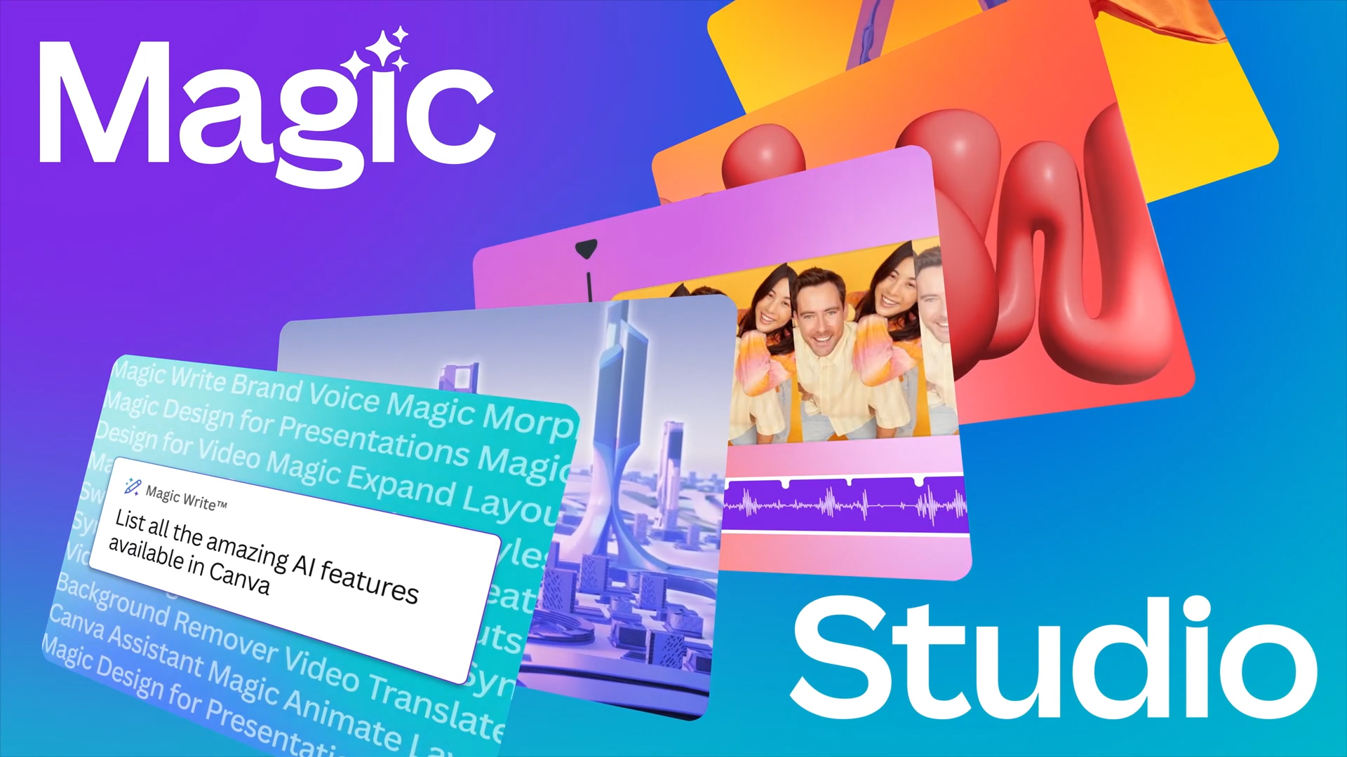 Reinforcing Canva’s mission to democratize design, Magic Studio is the world’s most comprehensive AI-design platform empowering individuals, teams and organizations to boost their creativity, supercharge their productivity and scale their brands.