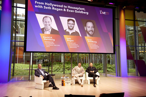 NEW YORK, NEW YORK - SEPTEMBER 28: David A. Steinberg, Co-founder, Chairman, and CEO of Zeta Global with Seth Rogen and Evan Goldberg for the keynote 