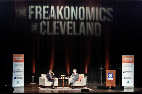 thumbnail United Way of Greater Cleveland hosted The Freakonomics of Cleveland: A Conversation with Stephen Dubner on Tuesday, October 3, 2023 in partnership with The City Club of Cleveland. Ideastream Public Media, and Playhouse Square. Following Dubner's keynote address to the audience of 800, Mayor Bibb joined him onstage to continue discussing economic mobility opportunities across the city and throughout the region. Dubner is co-author of the best-selling Freakonomics book series, which inspired the weekly podcast Dubner hosts, Freakonomics Radio, and led to the creation of a podcast network, The Freakonomics Radio Network. Mayor Bibb, the 58th Mayor of Cleveland, is working to improve public safety, invest in neighborhoods, and modernize City Hall. He was born and raised on Cleveland’s southeast side in the Mt. Pleasant neighborhood. Over the past 15 years, Mayor Bibb has worked in government, business, and the nonprofit sector as an executive and nonprofit leader. (Photo: Business Wire)