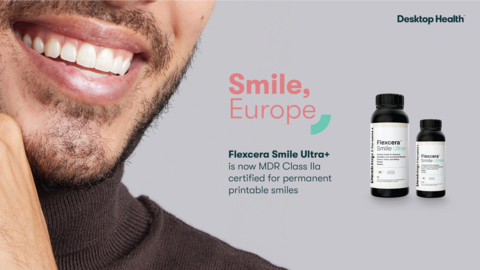 thumbnail Desktop Health's Flexcera™ Smile Ultra+ dental resin for 3D printing permanent and temporary restorations is now available for purchase in Europe following its successful certification as a Class IIa medical device under the European Union Medical Device Regulation (MDR). (Photo: Business Wire)