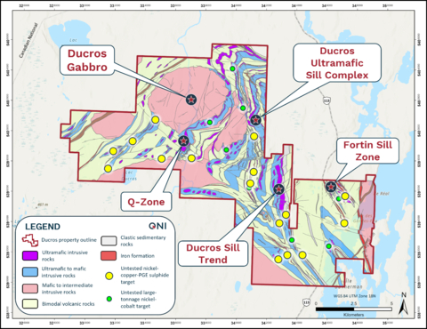 Figure 1: Map of the Ducros property showing the locations of select AI-derived nickel-sulphide and nickel-cobalt targets in relation to the Property's key target areas underlain by the newly interpreted geology. (Graphic: Business Wire)