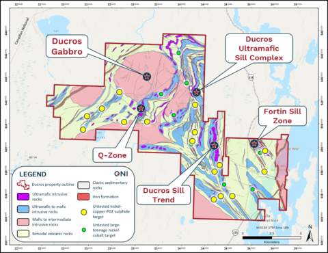 original Figure 1: Map of the Ducros property showing the locations of select AI-derived nickel-sulphide and nickel-cobalt targets in relation to the Property’s key target areas underlain by the newly interpreted geology. (Graphic: Business Wire)