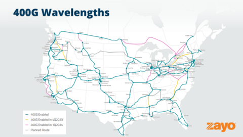 Map of Zayo's 400G-enabled routes in North America. (Graphic: Business Wire)