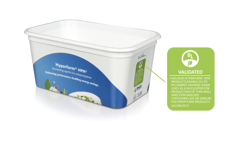 The Hyperform line is certified by UL to enable 5% to 8% energy savings when used as a nucleator for thin-wall injection-molded PP containers. (Photos © 2023 Milliken & Company)