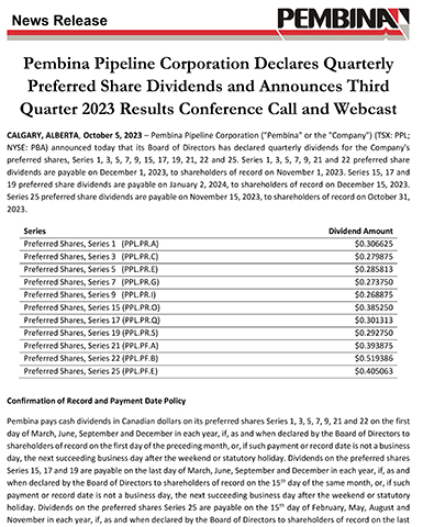 Pembina Pipeline Corporation Declares Quarterly Preferred Share Dividends and Announces Third Quarter 2023 Results Conference Call and Webcast