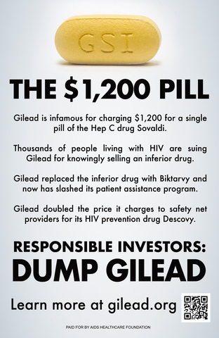 AHF launched a new advertisement in its ongoing campaign against Gilead Sciences’ incessant greed. The full-page, full-color newspaper ad debuts this Sunday, October 8th, in the San Francisco Chronicle and New Jersey’s Daily Record and will run weekly through at least November. (Photo: Business Wire)
