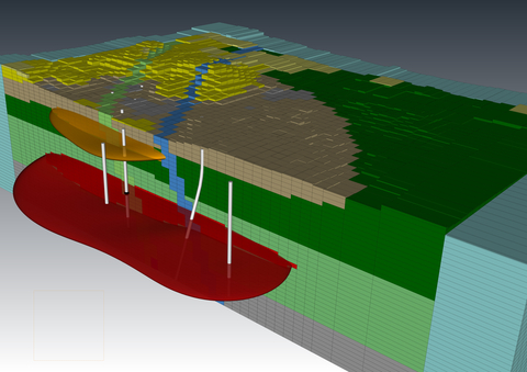 An example of a geological model built in Leapfrog Energy being utilized for reservoir simulation in Flow State Solutions software Volsung. Image courtesy of Flow State Solutions.