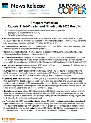 Freeport-McMoRan Reports Third-Quarter and Nine-Month 2023 Results