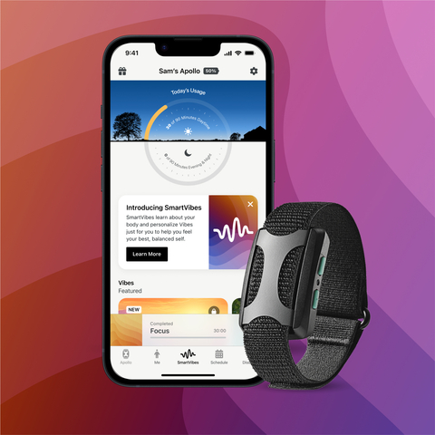 With SmartVibes™, and data integration with Oura Ring, Apollo Calms the Body and Restores Balance to the Nervous System, Improving Sleep and Lowering Stress (Photo: Business Wire)