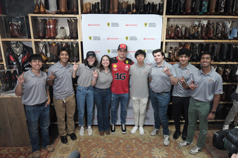 Ferrari Formula 1 Driver Charles Leclerc joins members of the Longhorn Racing team at UT Austin. Santander Consumer announced today it will become a title sponsor of the Longhorn Racing team, as part of $500,000 in grants benefiting local students. (Photo: Business Wire)