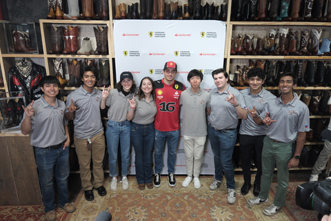 original Ferrari Formula 1 Driver Charles Leclerc joins members of the Longhorn Racing team at UT Austin. Santander Consumer announced today it will become a title sponsor of the Longhorn Racing team, as part of $500,000 in grants benefiting local students. (Photo: Business Wire)